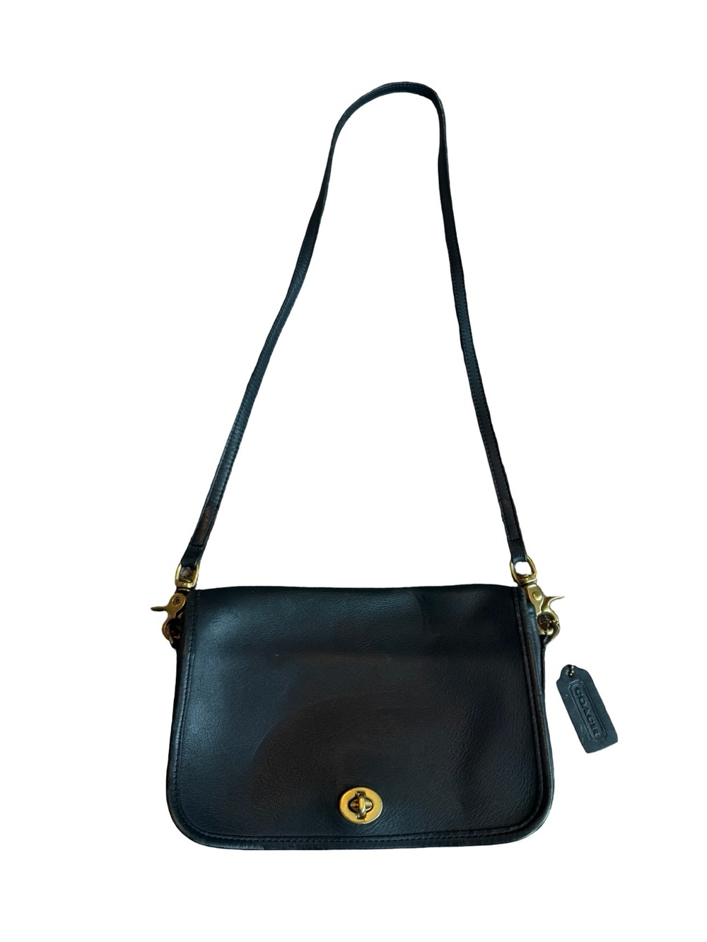 Coach Vintage Black Leather Flap Turnlock Shoulder Bag Adjustable Saddle Women's